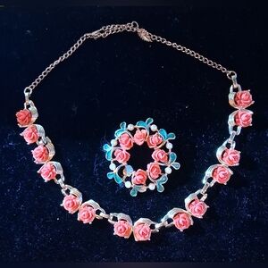 Floral Pink and Goldtone Necklace and Brooch Set